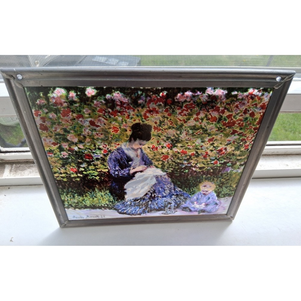 Vintage Claude Monet 1875 Print Under Glass Metal Frame Woman & Child Garden Art